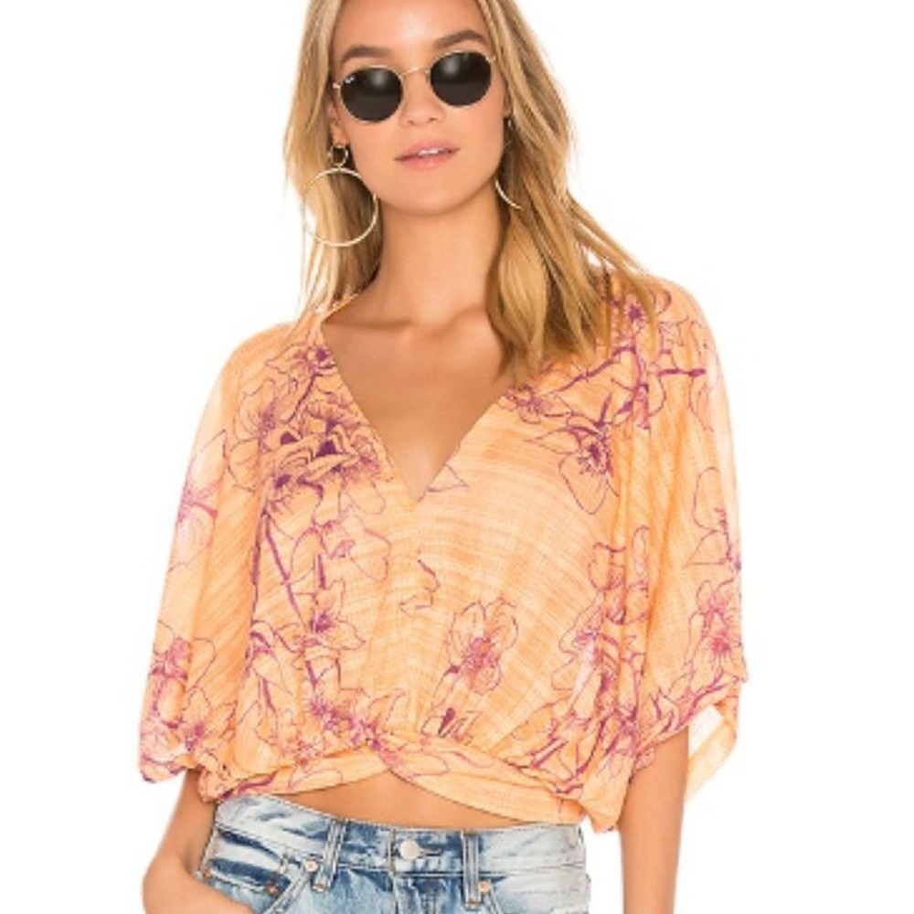 Free People one dance top sheer floral cropped blouse orange purple XS